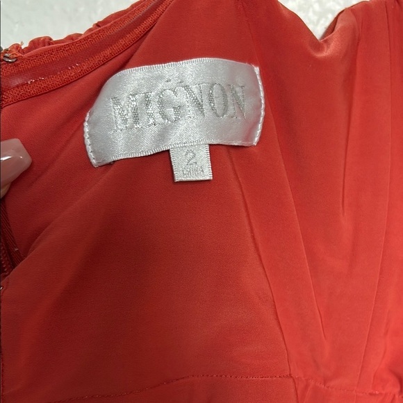 Mignon Red Prom Dress Orange color size 2 with stones and a scarf cape - Picture 8 of 15